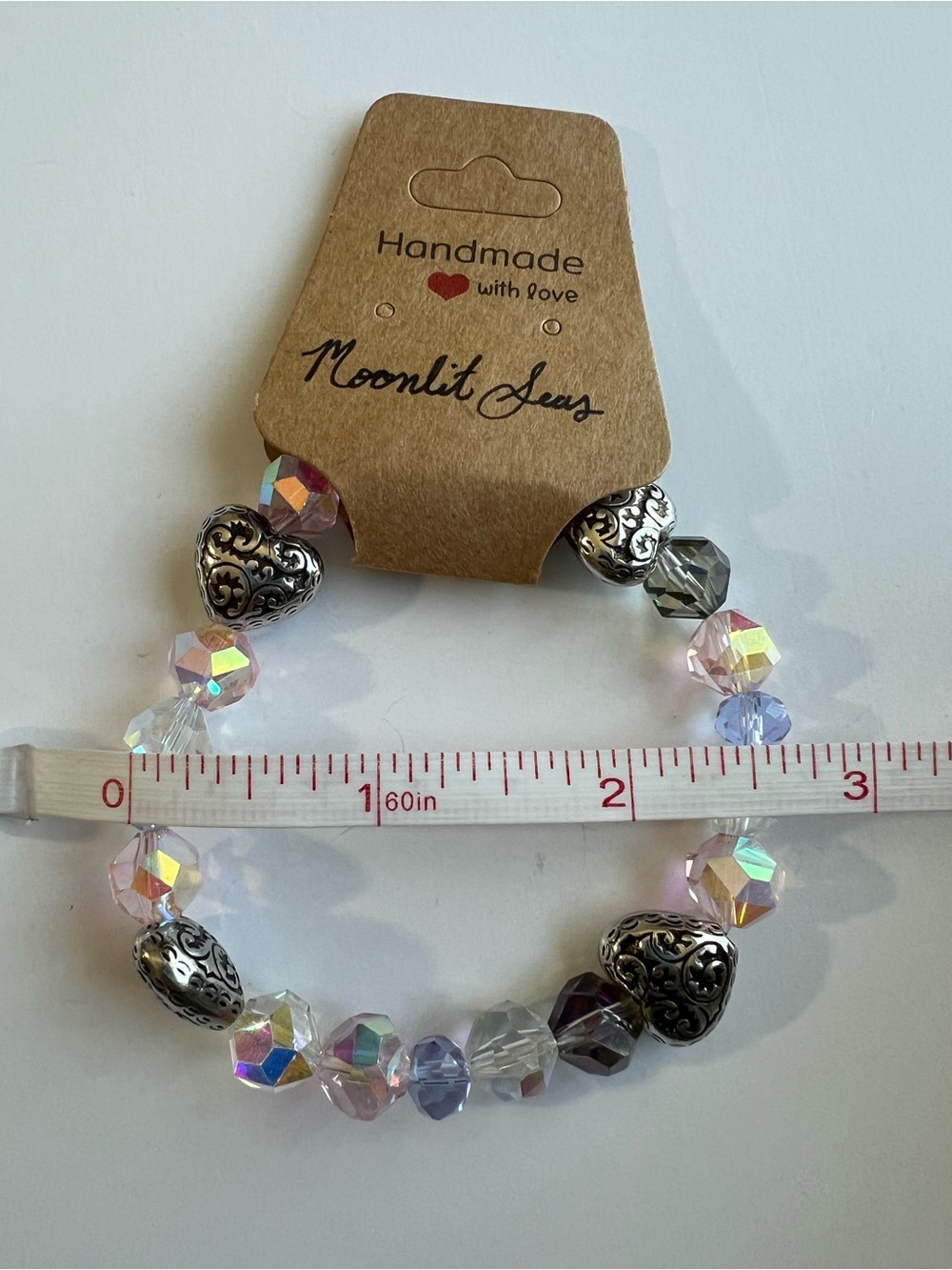 Iridescent Crystal Heart Stretch Bracelet - Pink & Silver Handcrafted - Picture 3 of 3